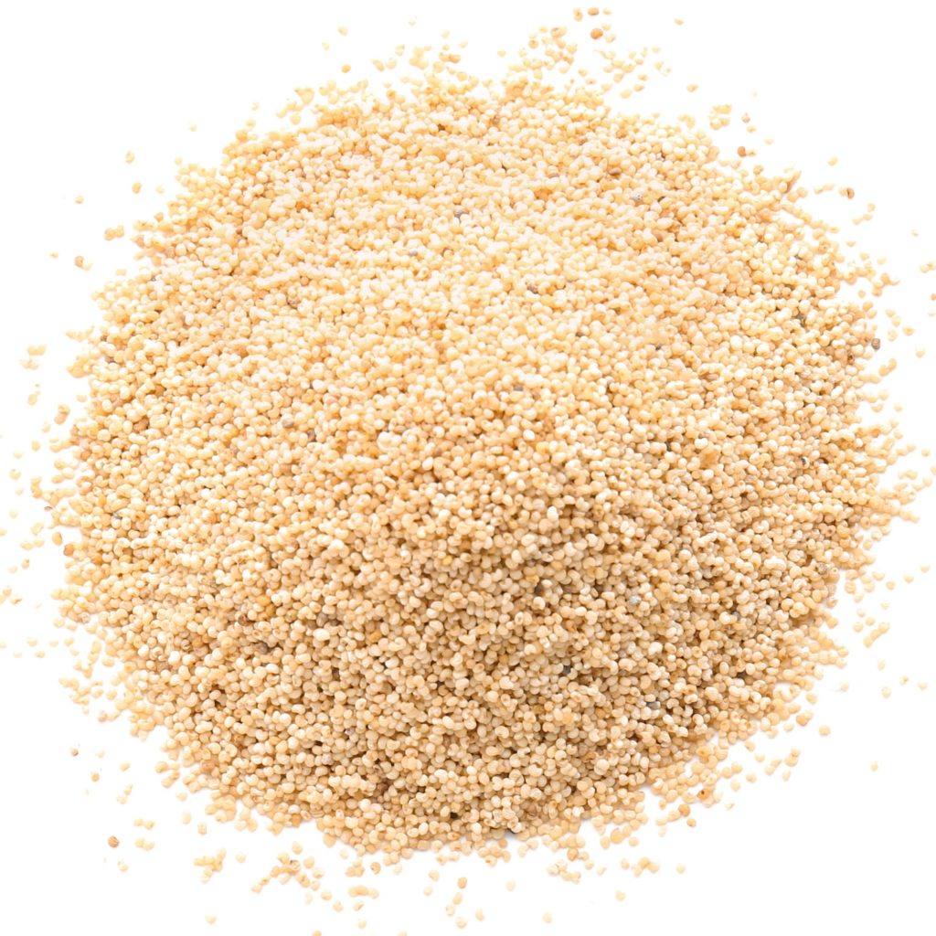 Heap of poppy seeds on white background