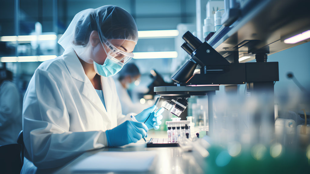 a woman researcher in a medical laboratory, working with a microscope